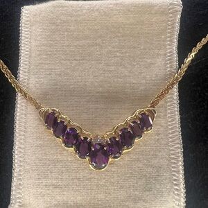Solid 14k Yellow Gold Amethyst Diamond Flat Chain Necklace